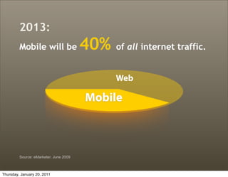 2013:
         Mobile will be                 40%   of all internet traffic.


                                              Web

                                        Mobile



         Source: eMarketer. June 2009



Thursday, January 20, 2011
 
