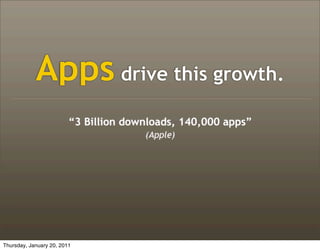 Apps drive this growth.
                         “3 Billion downloads, 140,000 apps”
                                       (Apple)




Thursday, January 20, 2011
 