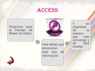ACCESS

                                    Y        se
Programa para                       organizan
el manejo de                        de        la
Bases de Datos                      manera
                                    que    más
                                    convenga y
                  crea tablas que   de     fácil
                                    manejo
                  almacenan
                  todo tipo de
                  información
 