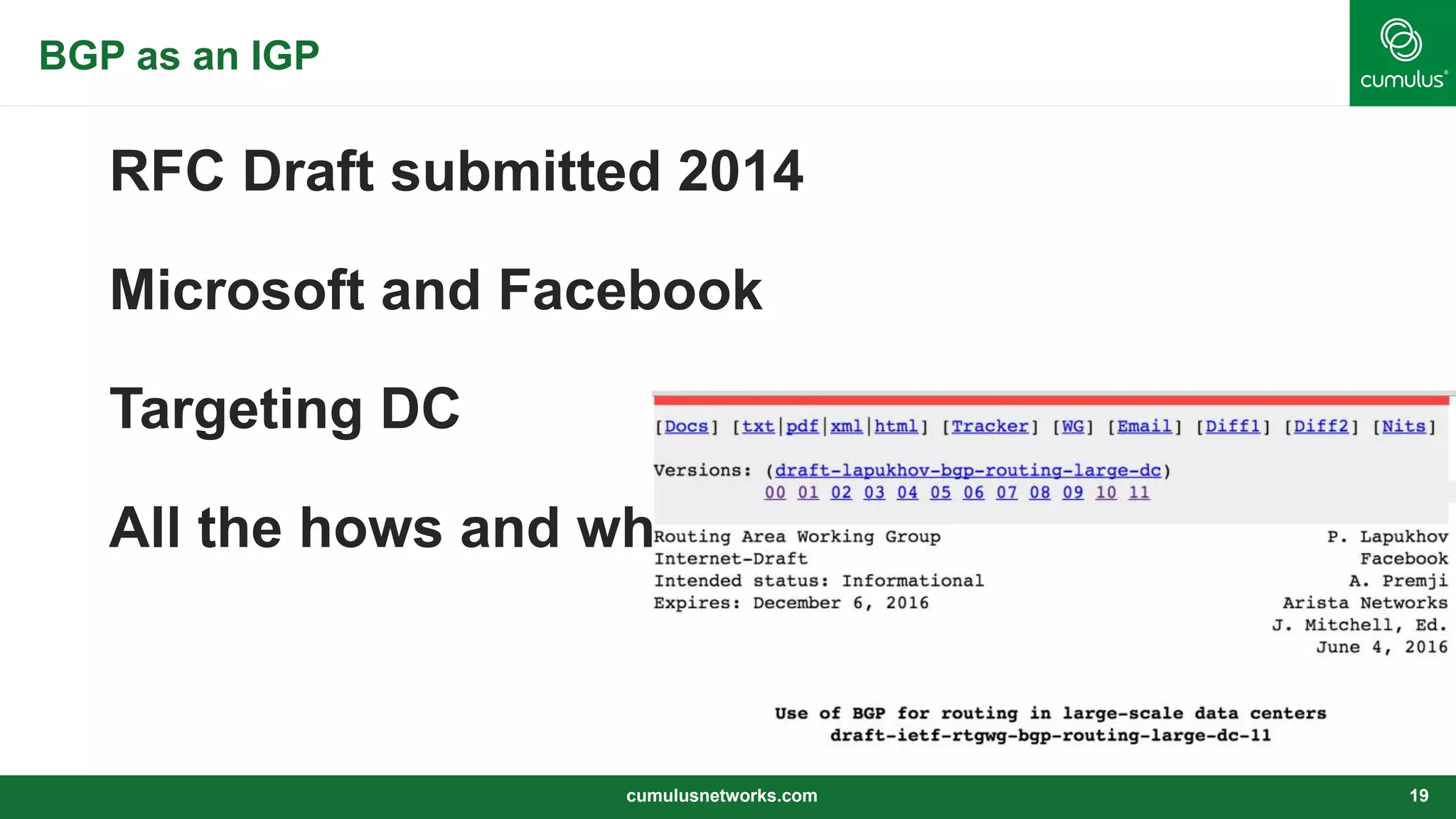 BGP as an IGP
RFC Draft submitted 2014
Microsoft and Facebook
Targeting DC
All the hows and whys
cumulusnetworks.com 19
 