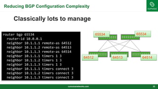 Reducing BGP Configuration Complexity
Classically lots to manage
cumulusnetworks.com 22
65534 65534
64512 64513 64514
router bgp 65534
router-id 10.0.0.1
neighbor 10.1.1.1 remote-as 64512
neighbor 10.1.1.2 remote-as 64513
neighbor 10.1.1.3 remote-as 64514
neighbor 10.1.1.1 timers 1 3
neighbor 10.1.1.2 timers 1 3
neighbor 10.1.1.3 timers 1 3
neighbor 10.1.1.1 timers connect 3
neighbor 10.1.1.2 timers connect 3
neighbor 10.1.1.3 timers connect 3
 