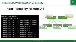 Reducing BGP Configuration Complexity
First – Simplify Remote AS
cumulusnetworks.com 24
65534 65534
64512 64513 64514
router bgp 65534
router-id 10.0.0.1
neighbor 10.1.1.1 remote-as external
neighbor 10.1.1.2 remote-as external
neighbor 10.1.1.3 remote-as external
neighbor 10.1.1.1 timers 1 3
neighbor 10.1.1.2 timers 1 3
neighbor 10.1.1.3 timers 1 3
neighbor 10.1.1.1 timers connect 3
neighbor 10.1.1.2 timers connect 3
neighbor 10.1.1.3 timers connect 3
 