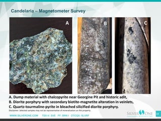 WWW.SILVERONE.COM TSX-V: SVE FF: BRK1 OTCQX: SLVRF
Candelaria – Magnetometer Survey
18
A. Dump material with chalcopyrite near Georgine Pit and historic adit,
B. Diorite porphyry with secondary biotite-magnetite alteration in veinlets,
C. Quartz-tourmaline-pyrite in bleached silicified diorite porphyry.
Disclaimer: Selected samples may not be representative of mineralization on the property.
A B C
 