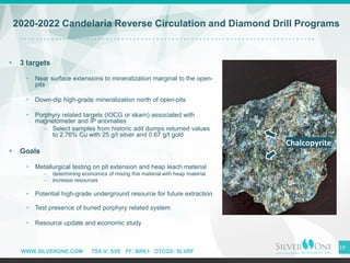 WWW.SILVERONE.COM TSX-V: SVE FF: BRK1 OTCQX: SLVRF
▪ 3 targets
• Near surface extensions to mineralization marginal to the open-
pits
• Down-dip high-grade mineralization north of open-pits
• Porphyry related targets (IOCG or skarn) associated with
magnetometer and IP anomalies
– Select samples from historic adit dumps returned values
to 2.76% Cu with 25 g/t silver and 0.67 g/t gold
▪ Goals
• Metallurgical testing on pit extension and heap leach material
– determining economics of mixing this material with heap material
– increase resources
• Potential high-grade underground resource for future extraction
• Test presence of buried porphyry related system
• Resource update and economic study
2020-2022 Candelaria Reverse Circulation and Diamond Drill Programs
19
Chalcopyrite
 