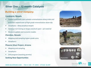 WWW.SILVERONE.COM TSX-V: SVE FF: BRK1 OTCQX: SLVRF
30
Silver One – 12 month Catalysts
Building a silver company.
Candelaria, Nevada
▪ Expand potentially open pittable mineralization along strike and
to further expand zone of high-grade mineralization down-dip.
▪ Geophysics - Deep porphyry targets
▪ Continue met testing on heaps and fresh open – pit material
▪ Resource update and economic studies
Cherokee, Nevada
▪ Mapping and sampling higher-grade veins
▪ Geophysics
Phoenix Silver Project, Arizona
▪ Mapping and sampling
▪ Geophysics
▪ Drill program (awaiting permits)
Seeking New Opportunities
Candelaria
Cherokee
Phoenix Silver
Cherokee
 