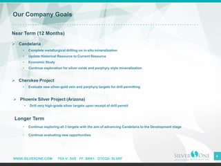 WWW.SILVERONE.COM TSX-V: SVE FF: BRK1 OTCQX: SLVRF
4
Our Company Goals
Near Term (12 Months)
➢ Candelaria
• Complete metallurgical drilling on in-situ mineralization
• Update Historical Resource to Current Resource
• Economic Study
• Continue exploration for silver oxide and porphyry style mineralization
➢ Cherokee Project
• Evaluate new silver-gold vein and porphyry targets for drill permitting
➢ Phoenix Silver Project (Arizona)
• Drill very high-grade silver targets upon receipt of drill permit
Longer Term
• Continue exploring all 3 targets with the aim of advancing Candelaria to the Development stage
• Continue evaluating new opportunities
 