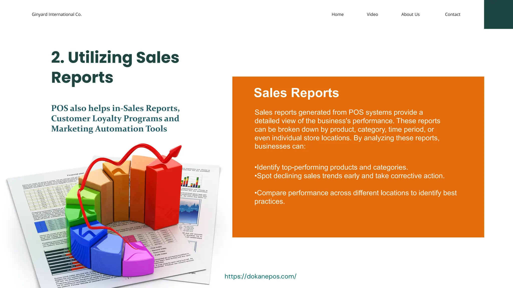 Ginyard International Co. Contact
About Us
Video
Home
2. Utilizing Sales
Reports
POS also helps in-Sales Reports,
Customer Loyalty Programs and
Marketing Automation Tools
Sales reports generated from POS systems provide a
detailed view of the business's performance. These reports
can be broken down by product, category, time period, or
even individual store locations. By analyzing these reports,
businesses can:
Sales Reports
•Identify top-performing products and categories.
•Spot declining sales trends early and take corrective action.
•Compare performance across different locations to identify best
practices.
https://dokanepos.com/
 