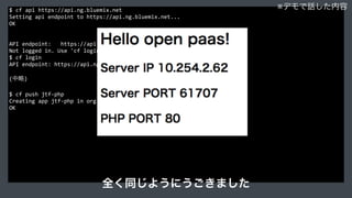 $	
  cf	
  api	
  https://api.ng.bluemix.net	
  
Setting	
  api	
  endpoint	
  to	
  https://api.ng.bluemix.net...	
  
OK	
  
API	
  endpoint:	
  	
  	
  https://api.ng.bluemix.net	
  (API	
  version:	
  2.27.0)	
  
Not	
  logged	
  in.	
  Use	
  'cf	
  login'	
  to	
  log	
  in.	
  
$	
  cf	
  login	
  
API	
  endpoint:	
  https://api.ng.bluemix.net	
  
(中略)	
  
$	
  cf	
  push	
  jtf-­‐php	
  
Creating	
  app	
  jtf-­‐php	
  in	
  org	
  erm	
  /	
  space	
  production	
  as	
  xxxxx...	
  
OK	
  
※デモで話した内容
全く同じようにうごきました
 