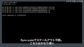$	
  flynn	
  scale	
  web=5	
  
scaling	
  web:	
  3=>5	
  
14:32:04.554	
  ==>	
  web	
  flynn-­‐6e60228c3fa54933acc30401b9a30a4d	
  starting	
  
14:32:04.747	
  ==>	
  web	
  flynn-­‐397fba6e68cf4206bb8c28328a843427	
  starting	
  
14:32:05.215	
  ==>	
  web	
  flynn-­‐397fba6e68cf4206bb8c28328a843427	
  up	
  
14:32:06.344	
  ==>	
  web	
  flynn-­‐6e60228c3fa54933acc30401b9a30a4d	
  up	
  
scale	
  completed	
  in	
  2.252653272s	
  
※デモで話した内容
ﬂynn scaleでスケールアウト可能。
こちらはかなり速い
 