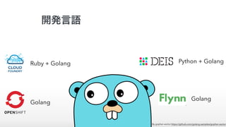By gopher-vector https://github.com/golang-samples/gopher-vector
Ruby + Golang
Golang
Python + Golang
Golang
開発言語
 