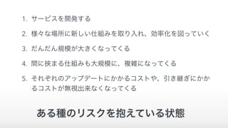 1. サービスを開発する
2. 様々な場所に新しい仕組みを取り入れ、効率化を図っていく
3. だんだん規模が大きくなってくる
4. 間に挟まる仕組みも大規模に、複雑になってくる
5. それぞれのアップデートにかかるコストや、引き継ぎにかか
るコストが無視出来なくなってくる
ある種のリスクを抱えている状態
 