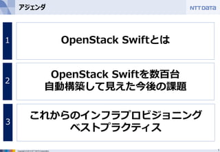 1Copyright © 2014 NTT DATA Corporation
アジェンダ
1 OpenStack Swiftとは
2
OpenStack Swiftを数百台
自動構築して見えた今後の課題
3
これからのインフラプロビジョニング
...