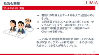 Copyright © LIMIA, Inc. All Rights Reserved.
● 書籍「10年戦えるデータ分析入門」を読んでも
らった。
● 初回演習ではSQLへの抵抗を減らすため、サ
ンプルのSQLをベースに実行してもらった。
● 隔週で5回程度演習を行い、相談用Slack
Channelを作った。
→ このときの勉強会参加は約10名。そのうち半
数がSQLでセグメント分析可能に！　その後は教
え合って、できる人が増えていった。
勉強会開催
2018年前半に実施
19
 