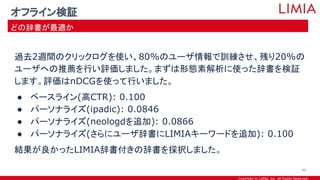 Copyright © LIMIA, Inc. All Rights Reserved.
過去2週間のクリックログを使い、80%のユーザ情報で訓練させ、残り20%の
ユーザへの推薦を行い評価しました。まずは形態素解析に使った辞書を検証
します。評価はnDCGを使って行いました。
● ベースライン(高CTR): 0.100
● パーソナライズ(ipadic): 0.0846
● パーソナライズ(neologdを追加): 0.0866
● パーソナライズ(さらにユーザ辞書にLIMIAキーワードを追加): 0.100
結果が良かったLIMIA辞書付きの辞書を採択しました。
オフライン検証
どの辞書が最適か
40
 