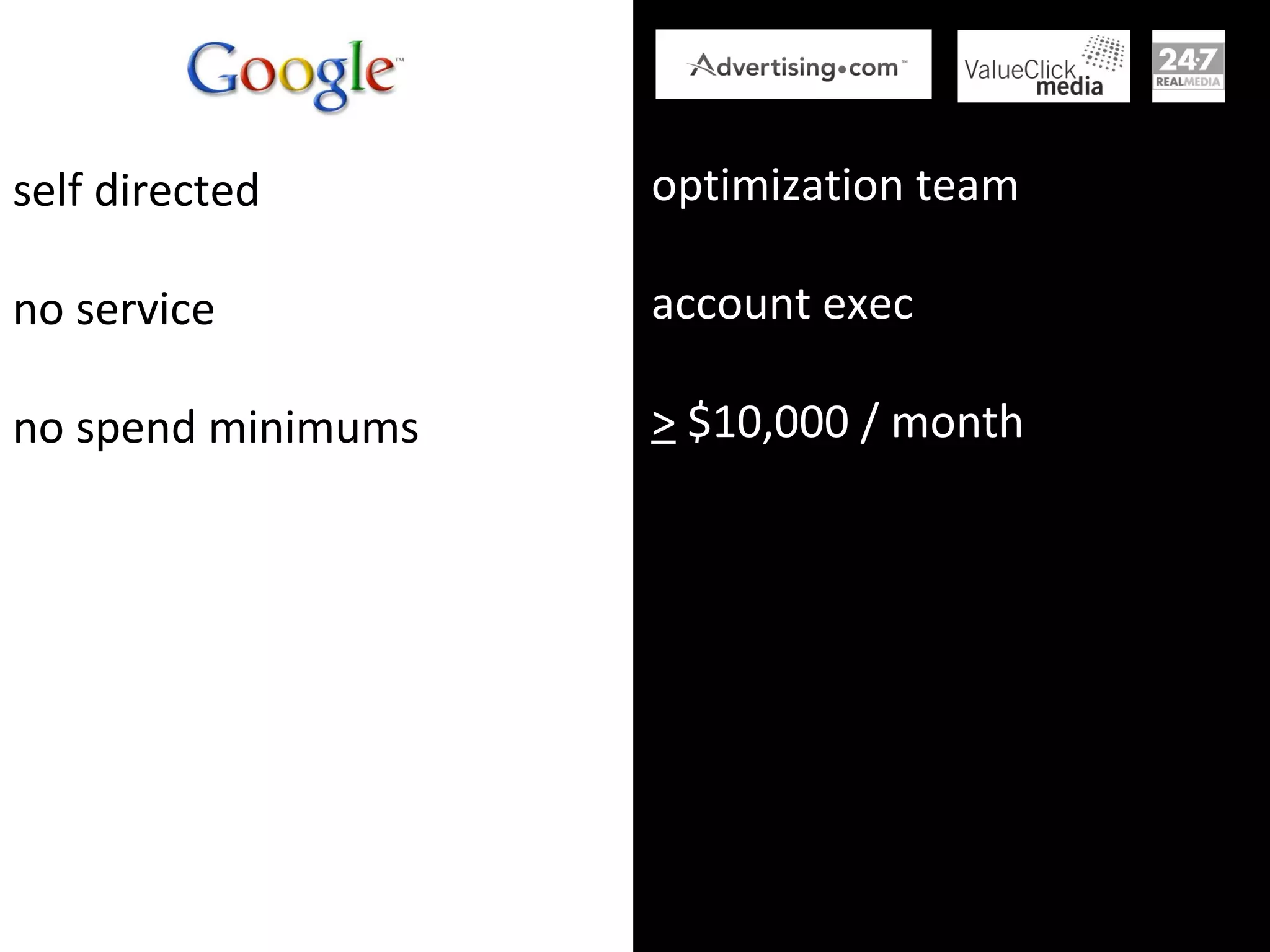 self directed no service no spend minimums optimization team account exec >  $10,000 / month 