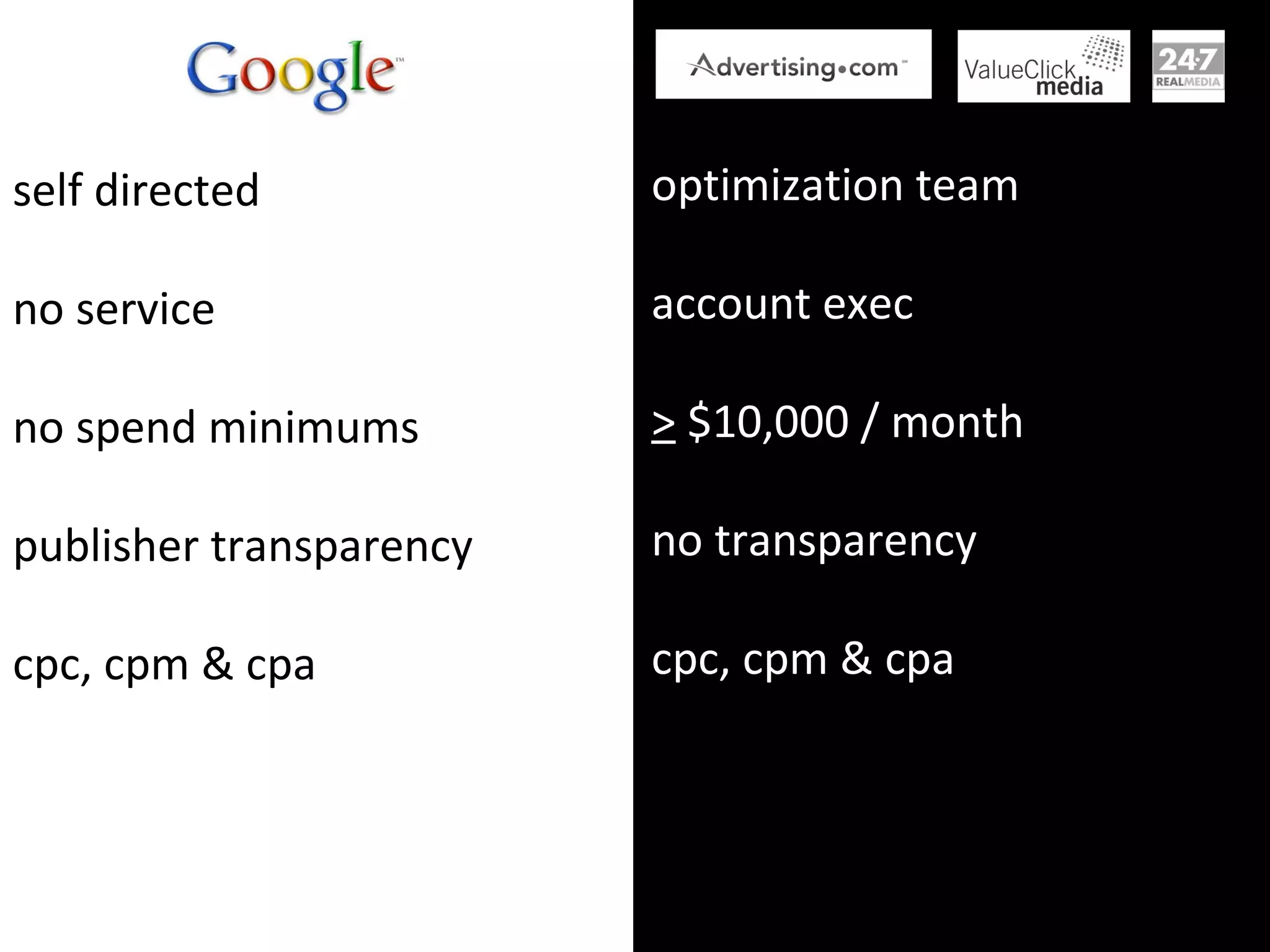 self directed no service no spend minimums publisher transparency cpc, cpm & cpa optimization team account exec >  $10,000 / month no transparency cpc, cpm & cpa 