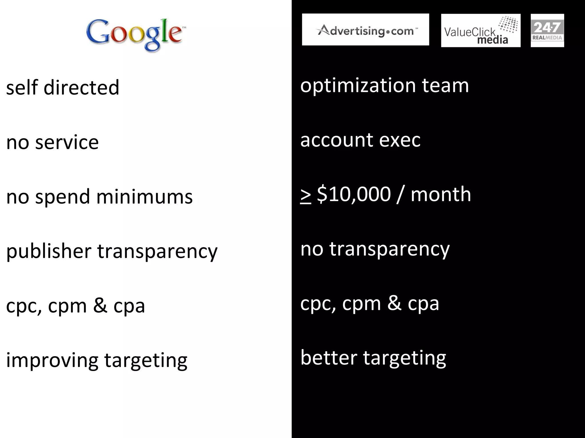 self directed no service no spend minimums publisher transparency cpc, cpm & cpa improving targeting optimization team account exec >  $10,000 / month no transparency cpc, cpm & cpa better targeting 