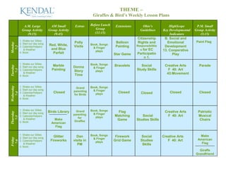 THEME –
                                                                  Giraffes & Bird’s Weekly Lesson Plans

              A.M. Large             AM Small         Extras     Before Lunch    Extensions      Ohio’s             HighScope        P.M. Small
             Group Activity         Group Activity                   Group                      Guidelines      Key Developmental   Group Activity
                (9:15)                 (9:45)                       (11:15)                                         Indicators         (3:15)
                                                                                              Citizenship        B. Social and
            1. Shake our Sillies                                                                                                     Paint Flag
                                                     Polly                       Balloon      Rights and           Emotional
Monday




            2. Start our day song                                Book, Songs
                                    Red, White,      Visits                      Painting     Responsibilitie    Development
 7-2




            3. Calendar/helpers                                    & Finger
               & Weather             and Blue                                                   s for EC        13. Cooperative
                                                                    plays
            4. Book:                  Parfait                                   Star Game     Participatio            Play
                                                                                                  n 1.
            1. Shake our Sillies                                 Book, Songs
                                       Marble                                   Bracelets        Social          Creative Arts         Parade
Tuesday




            2. Start our day song                    Donna         & Finger
                                      Painting                                                Study Skills         F 40: Art
  7-3




            3. Calendar/helpers                      Story          plays
               & Weather                                                                                          43:Movement
            4. Book:                                  Time
Wednesday




            1. Shake our Sillies                      Grand      Book, Songs
            2. Start our day song                                  & Finger
                                       Closed        parenting                    Closed                            Closed             Closed
   7-4




            3. Calendar/helpers
                                                     for Birds      plays                        Closed
               & Weather
            4. Book:



            1. Shake our Sillies                       Grand     Book, Songs
                                    Birds Library                                 Flag                           Creative Arts        Patriotic
Thursday




            2. Start our day song                                  & Finger
                                                     parenting                  Matching         Social            F 40: Art          Musical
            3. Calendar/helpers
  7-5




                                                        for         plays
               & Weather               Make                                      Game         Studies Skills                           Chairs
            4. Book:                                  Giraffes
                                      American
                                        Flag

            1. Shake our Sillies                                 Book, Songs                                                           Make
                                       Glitter         Dan                       Firework       Social          Creative Arts
Friday




            2. Start our day song                                  & Finger
                                     Fireworks       visits in                  Grid Game       Studies            F 40: Art          American
 7-6




            3. Calendar/helpers                                     plays
               & Weather                                PM                                       Skills                                 Flag
            4. Book:
                                                                                                                                      Giraffe
                                                                                                                                    Grandfriend
 