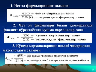 27
1. Чет эл фирмаларининг салмоғи
2. Чет эл фирмалари билан ҳамкорликда
фаолият кўрсатаётган қўшма корхоналар сони
3. Қўшма корхоналарнинг ишлаб чиқарилган
маҳсулотдаги салмоғи
 