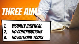 Three aims
19
1. Visually Identical
2. No contributions
3. No external tools
 