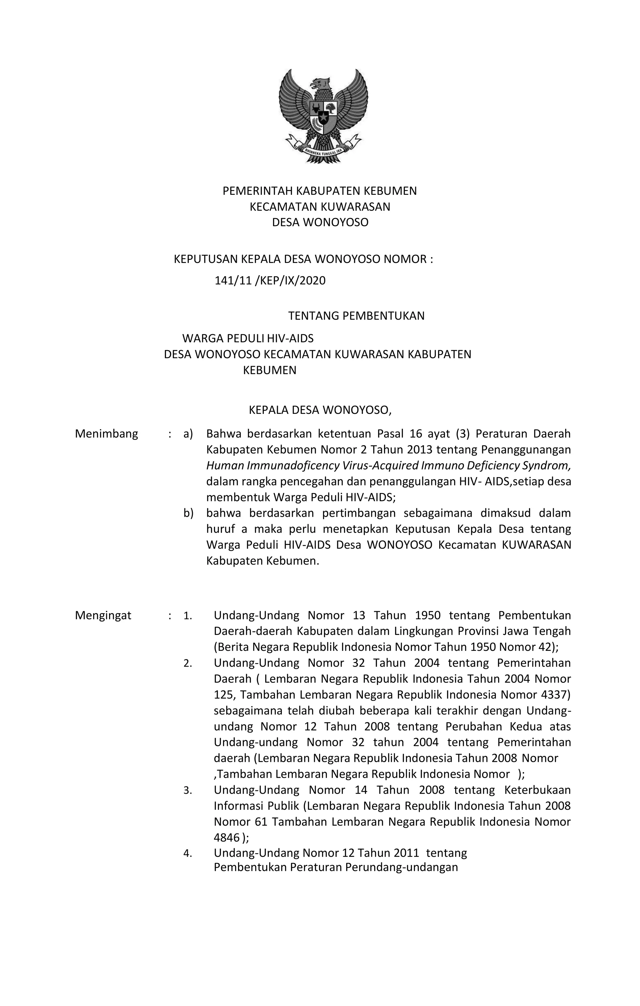 KEPUTUSAN KEPALA DESA TENTANG PEMBENTUKAN WARGA PEDULI HIV-AIDS (WPA) | PDF