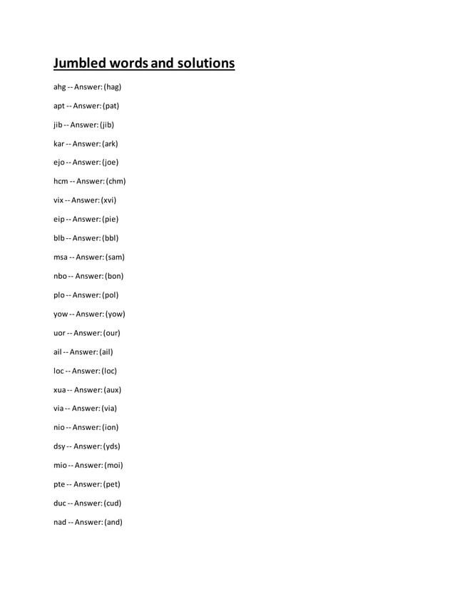 Jumble solver jumbled words questions and answer sheet PDF