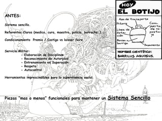 ANTES:
Sistema sencillo.
Referentes Claros (medico, cura, maestro, policía, borracho…).
Condicionamiento Premio / Castigo vs laisser faire
Servicio Militar:
- Elaboración de Disciplinas
- Reconocimiento de Autoridad
- Entrenamiento en Superación
- Respeto
- Autocontrol
Herramientas imprescindibles para la supervivencia social.
Piezas “mas o menos” funcionales para mantener un Sistema Sencillo
 