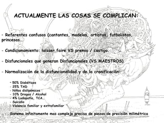 ACTUALMENTE LAS COSAS SE COMPLICAN:
- Referentes confusos (cantantes, modelos, artistas, futbolistas,
princesas…
- Condicionamiento: laisser faire VS premio / castigo.
- Disfuncionales que generan Disfuncionales (VS MAESTROS)
- Normalización de la disfuncionalidad y de la cronificación:
- 50% Diabéticos
- 25% TAD
- Niños dislipémicos
- 10% Drogas / Alcohol
- 4% Ludopatía, TCA…
- Suicidio
- Violencia familiar y extrafamiliar
Sistema infinitamente mas complejo precisa de piezas de precisión milimétrica
 