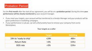 19 
Probation Period 
For 
the 
first 
month 
aber 
the 
start 
of 
our 
agreement, 
you 
will 
be 
on 
a 
probaon 
period. 
During 
this 
9me 
your 
performance 
will 
be 
closely 
monitored 
by 
your 
account 
manager. 
• If 
you 
meet 
your 
targets, 
your 
account 
will 
be 
transferred 
to 
a 
Vendor 
Manager 
and 
your 
products 
will 
be 
given 
preference 
in 
marke9ng 
campaigns. 
• If 
your 
performance 
is 
sub-­‐par, 
we 
will 
unfortunately 
have 
to 
remove 
your 
company 
from 
Jumia 
Marketplace. 
Your 
targets 
as 
a 
seller 
Target 
Delisng 
24h 
to 
‘ready 
to 
ship’ 
<24h 
48h+ 
Return 
Rate 
<3% 
15%+ 
OOS 
rate 
<3% 
15%+ 
 