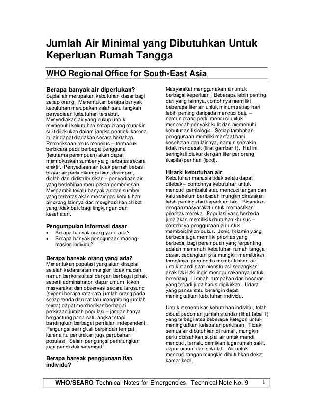 Jumlah Air Minimal Yang Dibutuhkan Untuk Keperluan Rumah Tangga