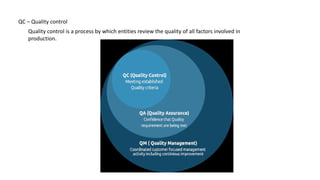 Quality control is a process by which entities review the quality of all factors involved in
production.
QC – Quality cont...