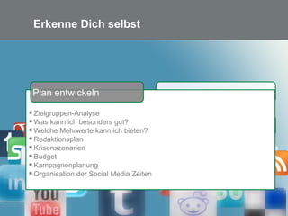15 Bild: Reiner Schedl bei pixelio.de
Erkenne Dich selbst
Mitarbeiter mitnehmen
Knowhow aufbauen
Inhalte „besorgen“
Reichweite erzeugen
Digitale Persönlichkeiten
Zielgruppen-Analyse
Was kann ich besonders gut?
Welche Mehrwerte kann ich bieten?
Redaktionsplan
Krisenszenarien
Budget
Kampagnenplanung
Organisation der Social Media Zeiten
Plan entwickeln
 