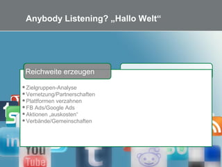 18 Bild: Reiner Schedl bei pixelio.de
Anybody Listening? „Hallo Welt“
Mitarbeiter mitnehmen
Knowhow aufbauen
Plan entwickeln
Inhalte „besorgen“
Digitale Persönlichkeiten
Zielgruppen-Analyse
Vernetzung/Partnerschaften
Plattformen verzahnen
FB Ads/Google Ads
Aktionen „auskosten“
Verbände/Gemeinschaften
Reichweite erzeugen
 