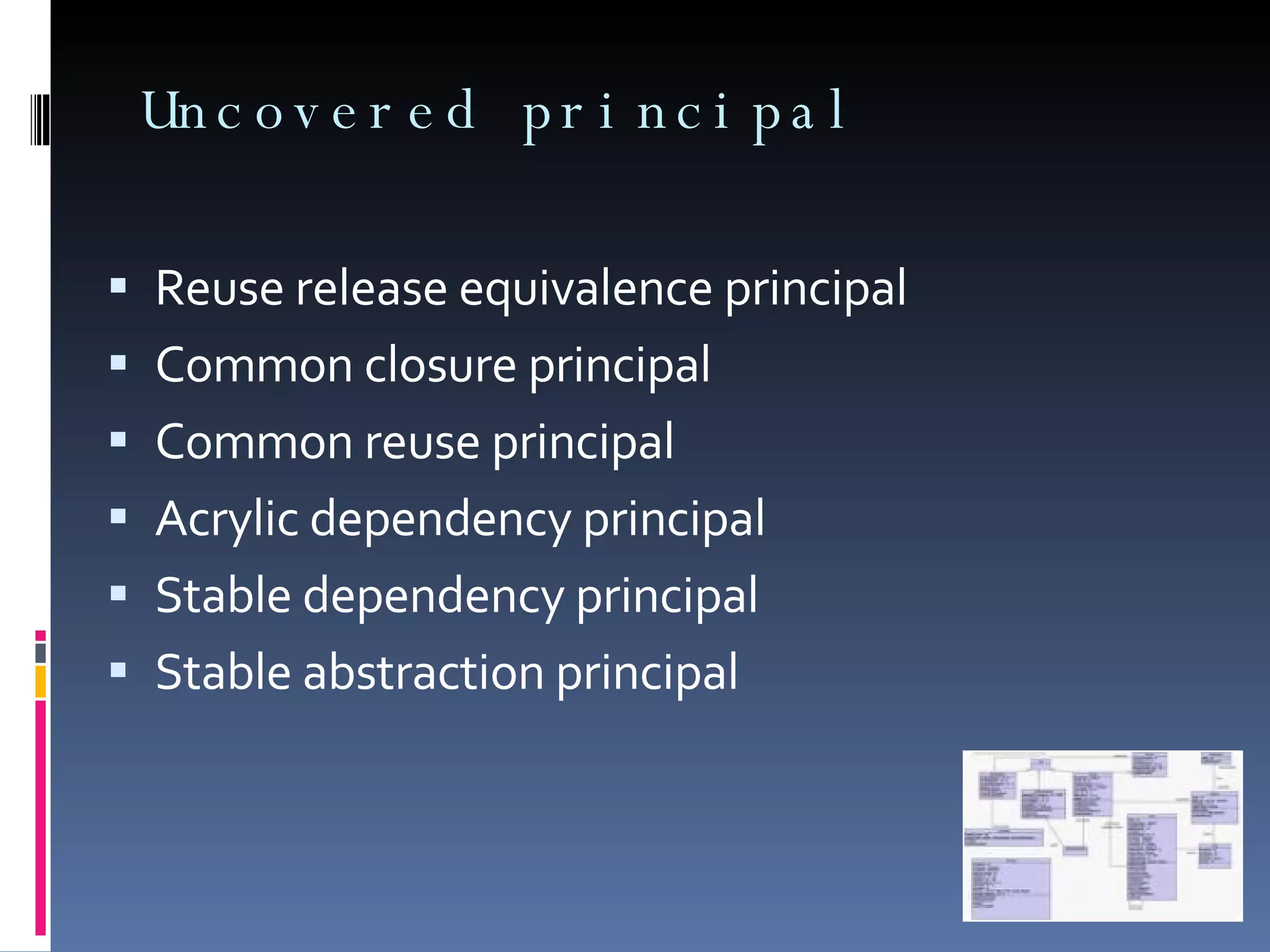 Uncovered principal Reuse release equivalence principal Common closure principal Common reuse principal Acrylic dependency principal Stable dependency principal Stable abstraction principal 