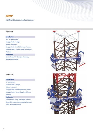 JUMP 01
Specification
1/3 or 1/4 - open system
Equipped with 1 bridge
Without enclosure
Equipped with Aerial Platforms and cranes
Equipped with 2 Corner- Supply and Rescue
Platforms
Application
For steelworks like changing of anodes,
teeth & ladders repair
JUMP 02
Specification
2/4 - open system
Equipped with 2 bridges
Without enclosure
Equipped with Aerial Platforms and cranes
Equipped with 2 Corner-Supply and Rescue
Platforms
Application
For steelworks at legs with bigger size and
demand for higher lifting capacity like repair
works of complete braces
JUMP
4 different types in modular design
06
 