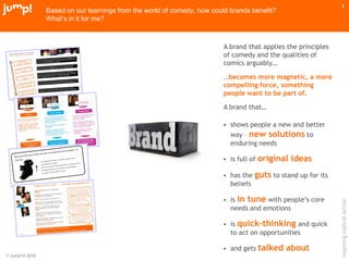 © jump!® 2010
inspiringradicalaction
9
Based on our learnings from the world of comedy, how could brands benefit?
What’s in it for me?
A brand that applies the principles
of comedy and the qualities of
comics arguably…
…becomes more magnetic, a more
compelling force, something
people want to be part of.
A brand that…
 shows people a new and better
way – new solutions to
enduring needs
 is full of original ideas
 has the guts to stand up for its
beliefs
 is in tune with people‟s core
needs and emotions
 is quick-thinking and quick
to act on opportunities
 and gets talked about
 