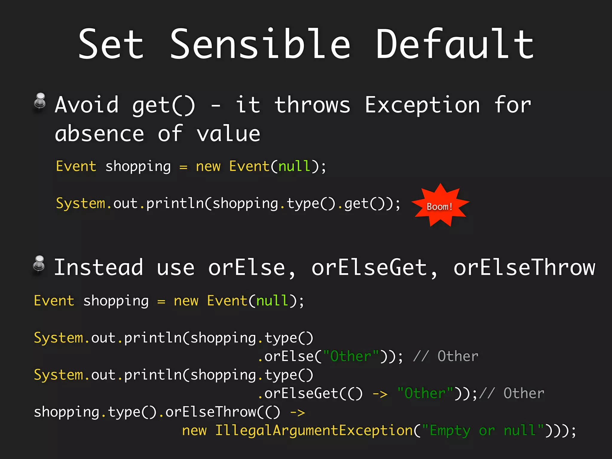 Currying
// Function with all args applied at the same time.
BiFunction<Integer, Integer, Integer> add = (x, y) -> x + y;
// Curried Function - one arg at a time.
Function<Integer, Function<Integer, Integer>> add = x -> y -> x + y;
add.apply(2).apply(3); // 5
Unavailable out-of-box in Java8.
Curried function is a nested structure,
just like Russian dolls, takes one arg at
a time, instead of all the args at once.
For each arg, there is
another nested
function, that takes
a arg and returns a
function taking the
subsequent arg, until
all the args are
exhausted.
 