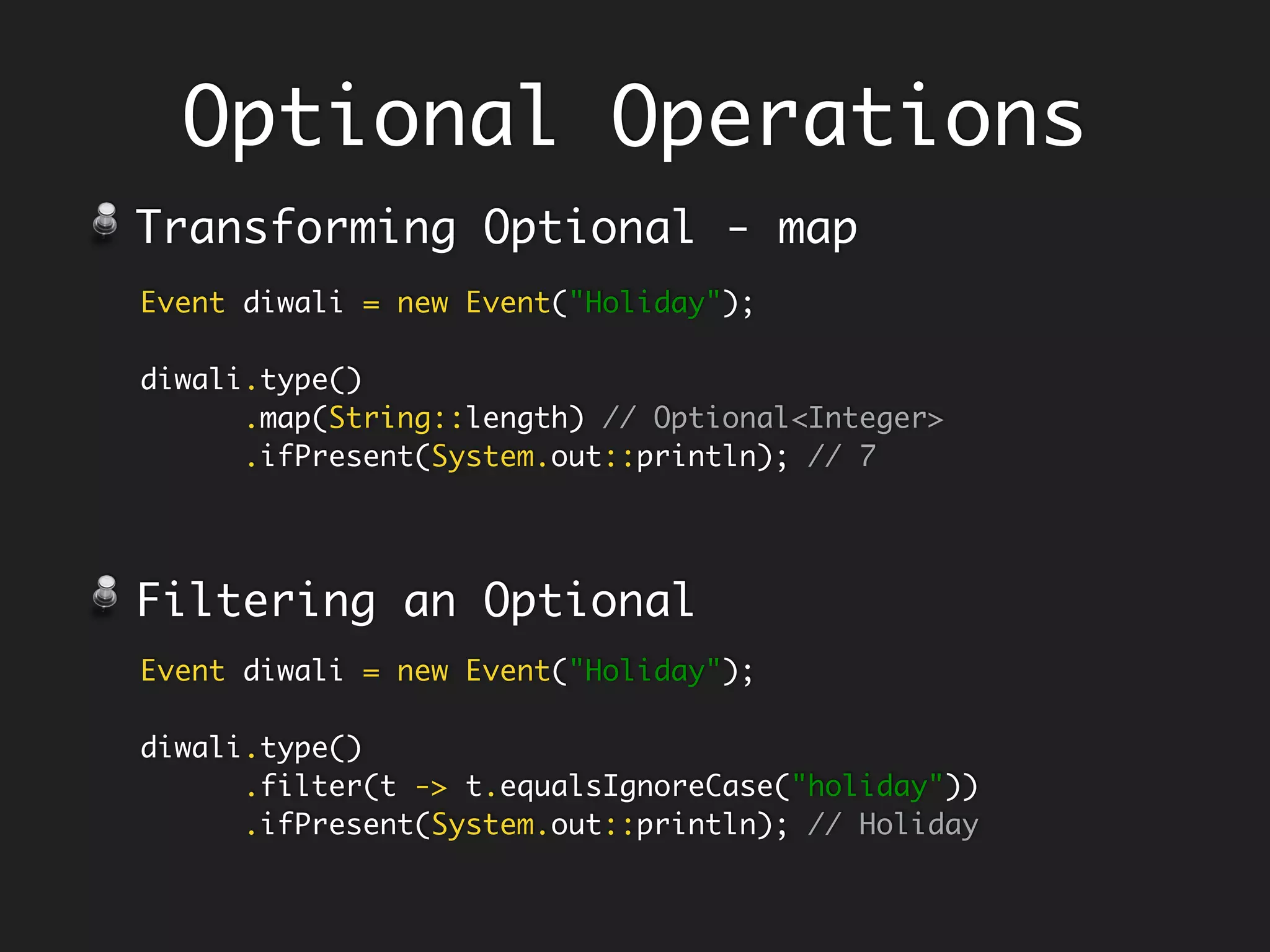Why Currying?
Function<Integer, Function<Integer, Integer>> add =
x ->
y ->
x + y;
Brings in composability at argument level.
Scope Contour 1
Scope Contour 2
Facilitates decoupling of arguments to
different scopes.
When ‘increment’ is expressed in terms of ‘add’
where ‘x’ is 1; ‘y’ can come from completely
different scope.
Uncurried functions (all Java fns) are
not composable at arg-level.
 