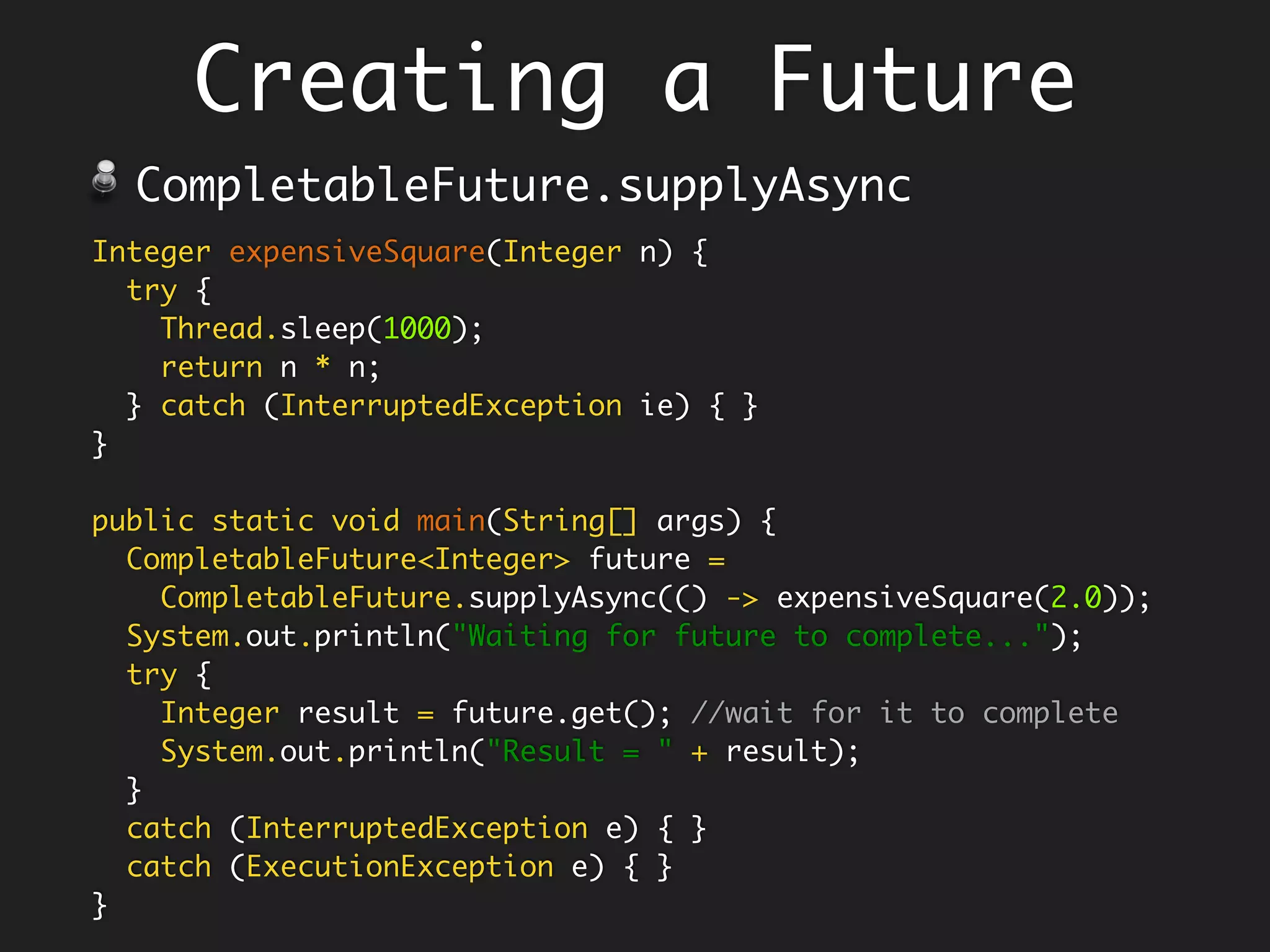Option 1: Bubble up…
Re-throw the exception as unchecked
exception.
String capitalize(String s) throws Exception {
if (null == s)
throw new Exception("null");
return s.toUpperCase();
}
Arrays.asList("Hello", null).stream()
.map(s ->
{
try {
return capitalize(s);
} catch (Exception e) {
throw new RuntimeException(e);
}
})
.forEach(System.out::println);
Lambda looks
grotesque.
 