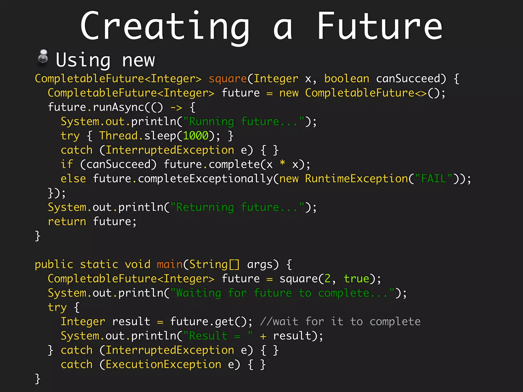 Option 2: Deal with it…
Handle the exception in the lambda
String capitalize(String s) throws Exception {
if (null == s)
throw new Exception("null");
return s.toUpperCase();
}
Arrays.asList("Hello", null).stream()
.map(s ->
{
try {
return capitalize(s);
} catch (Exception e) {
return "#fail";
}
})
.collect(Collectors.toList()); // [HELLO, #fail]
1.Success and Failure are
indistinguishable, despite a
#fail
2.Lambda still looks grotesque.
 