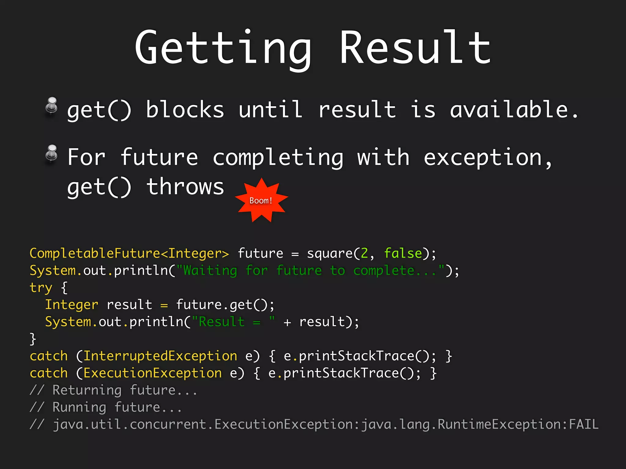 Option 3: Wrap using
Exceptional SAM
http://mail.openjdk.java.net/pipermail/lambda-dev/2013-January/007662.html
@FunctionalInterface
interface FunctionThrowsException<T, R, E extends Throwable> {
public R apply(T t) throws E;
}
abstract class Try {
public static<T, R, E extends Throwable>
Function<T, R> with(FunctionThrowsException<T, R, E> fte) {
return t -> {
try { return fte.apply(t); }
catch(Throwable e) { throw new RuntimeException(e); }
};
}
}
 