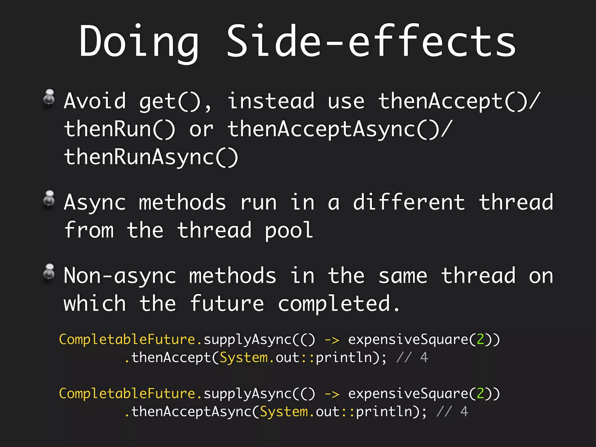 Beauty of
Lambda
restored.
class Test {
String capitalize(String s) throws Exception {
if (null == s)
throw new Exception("null");
return s.toUpperCase();
}
public static void main(String[] args) {
Arrays.asList("Hello", null)
.stream()
.map(s -> Try.with(Test::capitalize).apply(s))
.forEach(System.out::println);
}
}
Option 3: Wrap using
Exceptional SAM
 