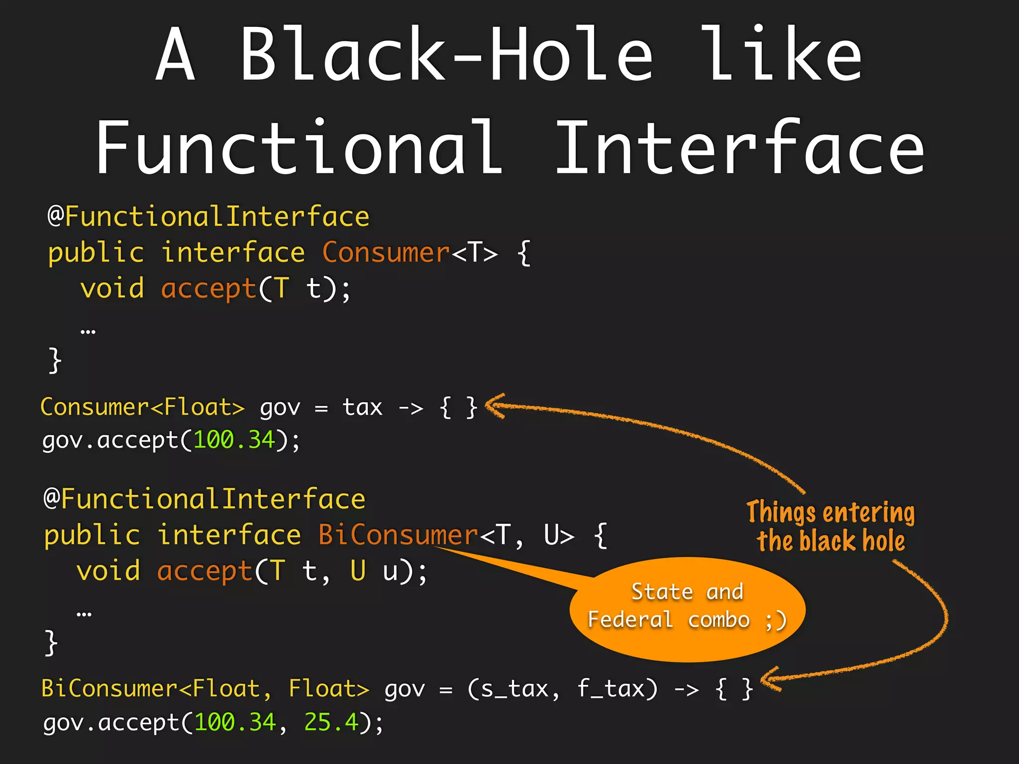 Lambda
Compiled as interface implementation with
synthesised method having signature of the
abstract method in that interface.
An interface with single abstract method
(SAM).
@FunctionalInterface - Though optional
annotation, its better to have it so that it
ensures that it stays as a lambda and not
become something more.
Function<Integer, Integer> twice = x -> 2 * x;
twice.apply(3); // 6 It would be have been nice if
some more syntactic sugar
was added by Java8 to make
this happentwice(3);Instead of
 