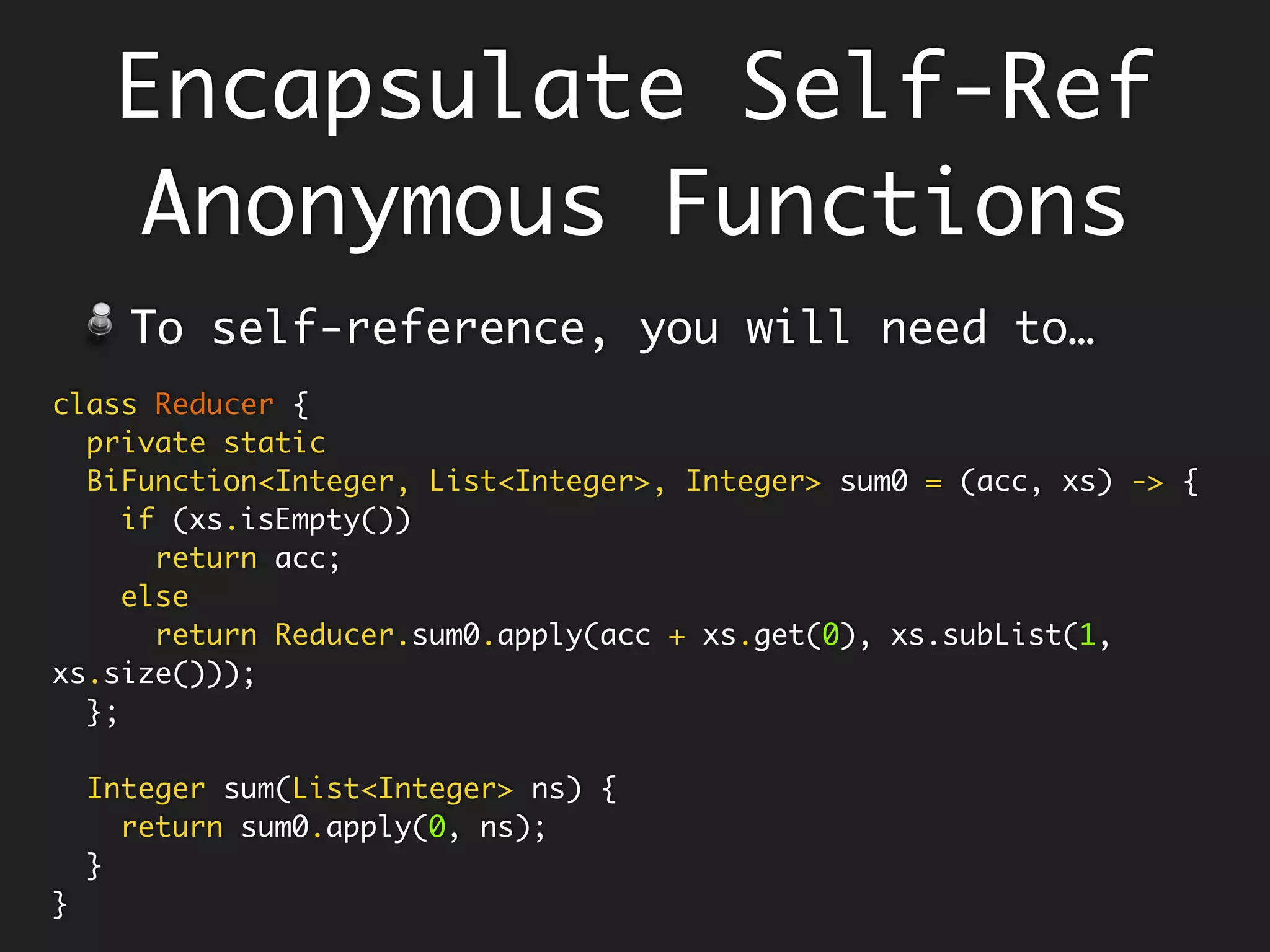Mr.Spock-like
Functional Interface
@FunctionalInterface
public interface Predicate<T> {
boolean test(T t);
…
}
Predicate<T> affirmative = x -> true;
affirmative.test(1); // true
Predicate<T> negative = x -> false;
negative.test(1); // false
Predicate<Integer> isEven = x -> x % 2 == 0;
isEven.test(2); // true
isEven.test(3); // false
 