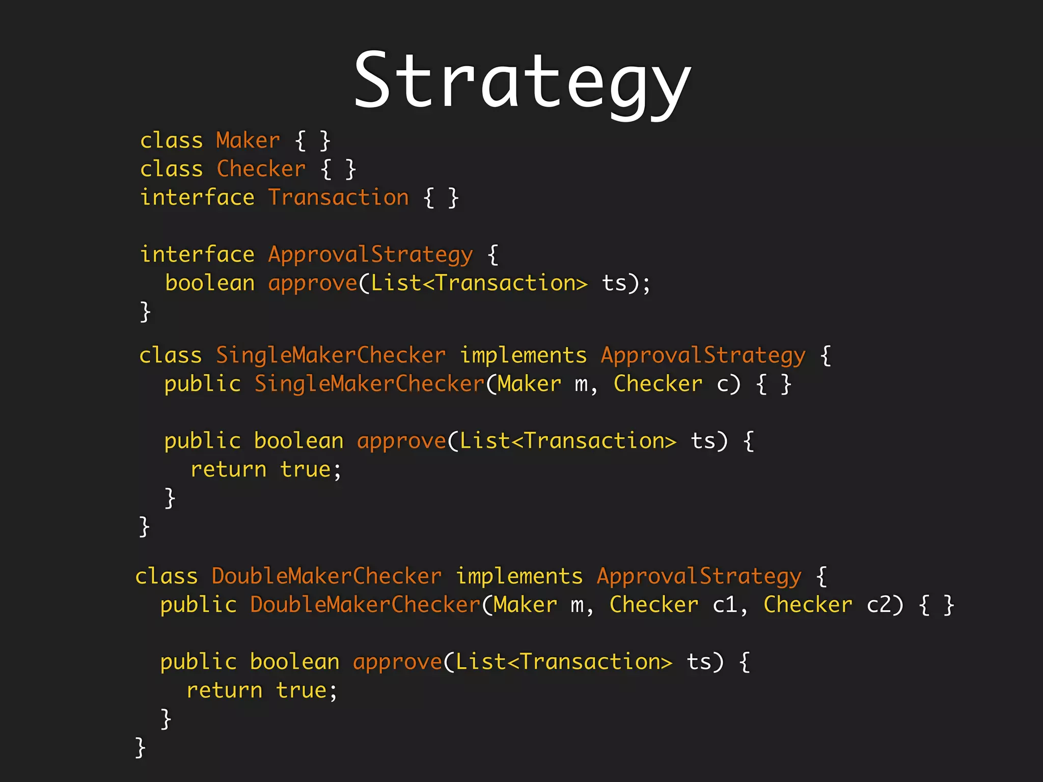 Encapsulate Self-Ref
Anonymous Functions
class Reducer {
private static
BiFunction<Integer, List<Integer>, Integer> sum0 = (acc, xs) -> {
if (xs.isEmpty())
return acc;
else
return Reducer.sum0.apply(acc + xs.get(0), xs.subList(1,
xs.size()));
};
Integer sum(List<Integer> ns) {
return sum0.apply(0, ns);
}
}
To self-reference, you will need to…
 