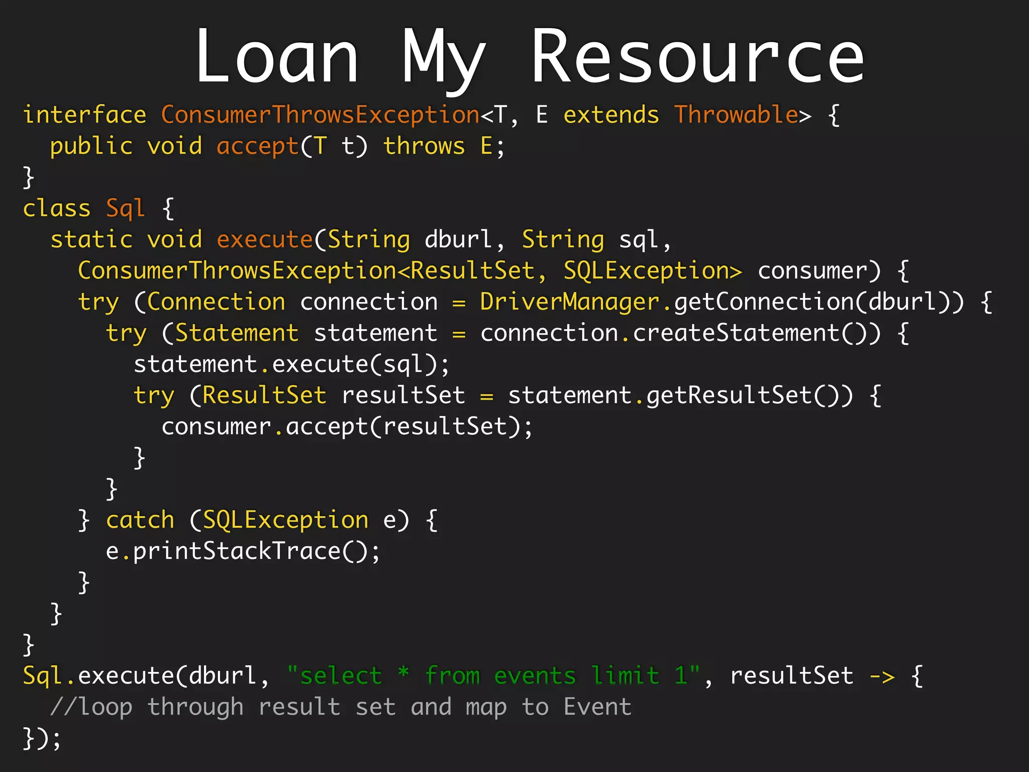 Another Example
class Maker { }
class Checker { }
public interface Transaction {
public boolean approve();
public boolean reject(String reason);
}
public interface ApprovalStrategy {
boolean approve(Transactions transactions);
public static ApprovalStrategy valueOf(Transactions transactions) {
if (transactions.value() < 100000)
return new SingleMakerChecker();
else
return new DoubleMakerChecker();
}
}
Download the Gist Bank Maker-Checker Refactoring
 