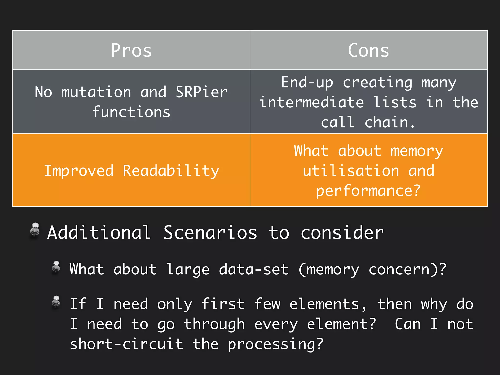 Subsumed Proxy
Memoization
public<T, R> Function<T, R> memoize(Function<T, R> fn) {
final Map<T, R> cache = new ConcurrentHashMap<>();
return t -> {
if (!cache.containsKey(t)) {
R r = fn.apply(t);
cache.put(t, r);
return r;
}
return cache.get(t);
};
}
Function<Double, Double> memoizedDoubler = memoize(x -> {
System.out.println("Evaluating...");
return x * 2;
});
memoizedDoubler.apply(2.0); // Evaluating…
memoizedDoubler.apply(2.0);
memoizedDoubler.apply(3.0); // Evaluating…
memoizedDoubler.apply(3.0);
 