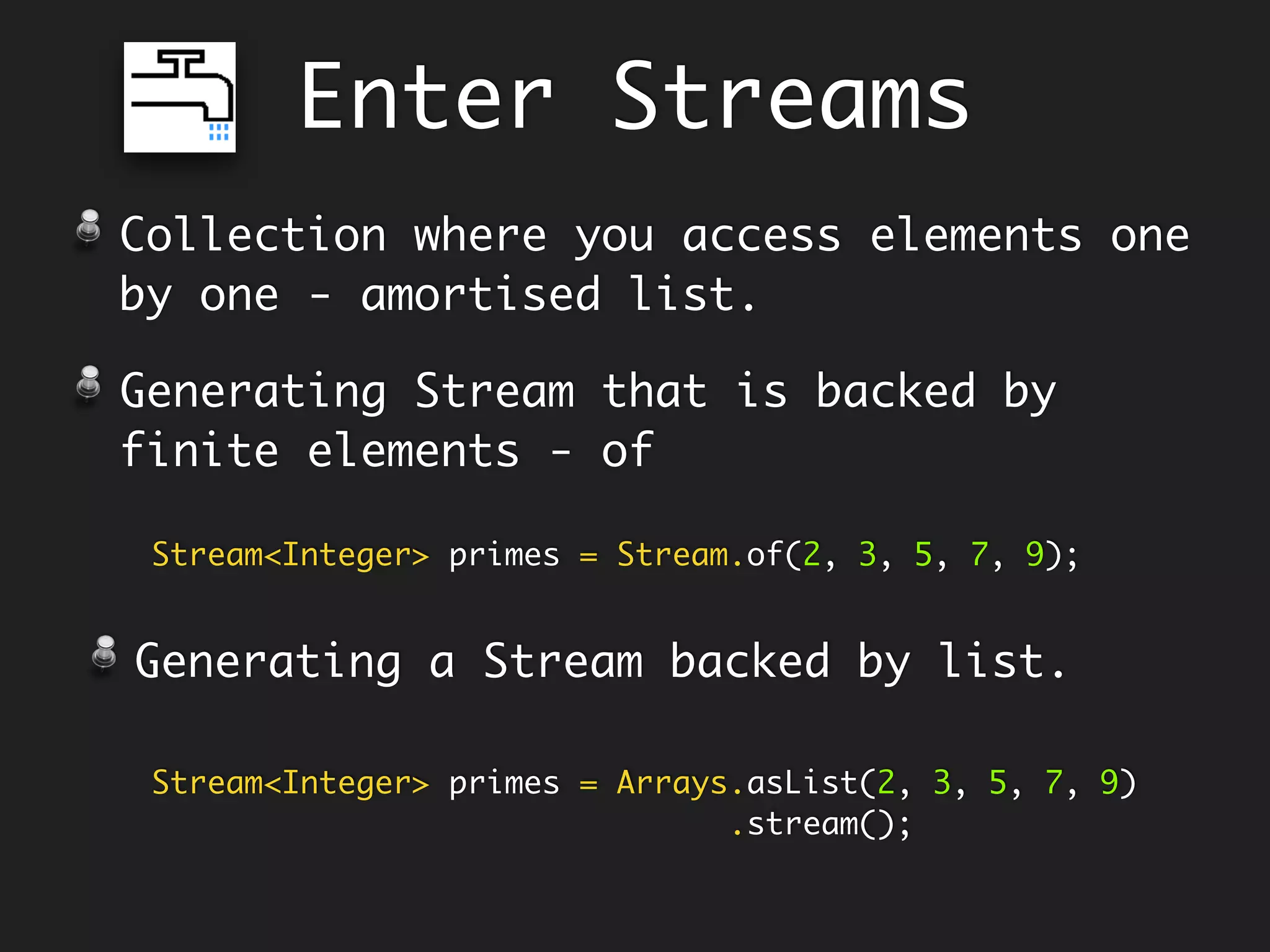 Look Ma!
Its Raining Lambdas
Subsumed Aspect - AOP around style.
public<T, R> Function<T, R> time(Function<T, R> fn) {
return t -> {
long startTime = System.currentTimeMillis();
R result = fn.apply(t);
long timeTaken = System.currentTimeMillis() - startTime;
System.out.println("Time: " + timeTaken + " ms");
return result;
}
}
 