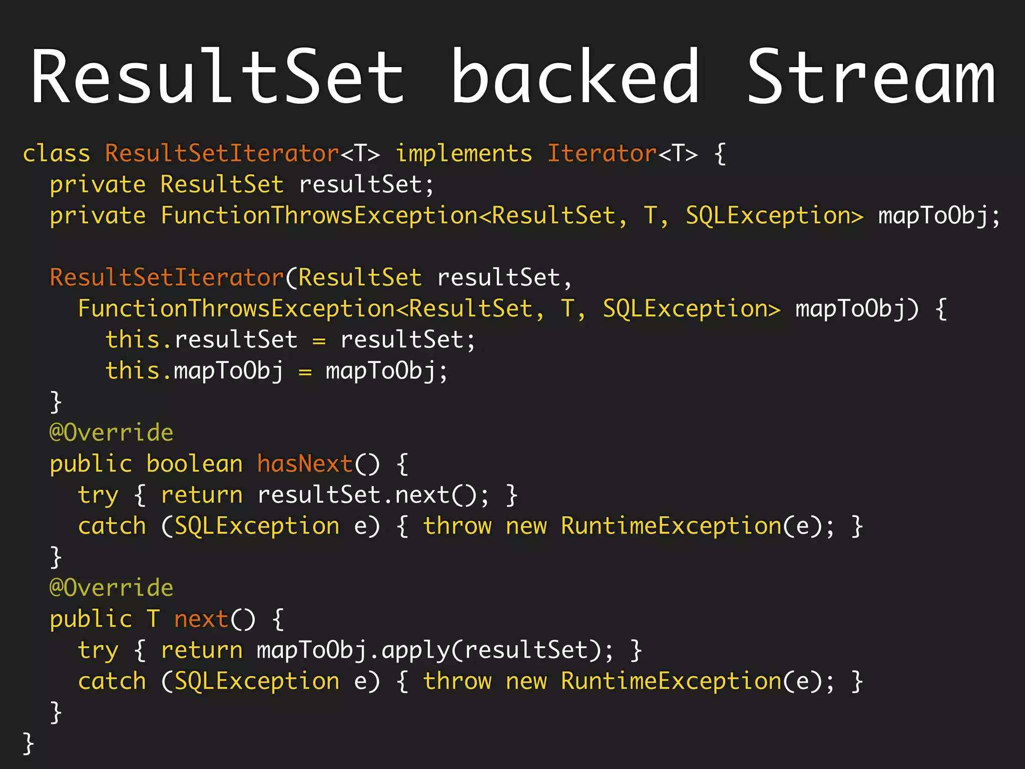 Refactored Code
String join(final List<String> words) {
StringBuilder joined = new StringBuilder();
for (word : words) {
joined.append(" ");
}
return joined.toString().trim();
}
String sentence = "all mimsy were the borogoves and the mome raths";
String capitalized = join(capitalize(lessThan4(split(sentence))));
System.out.println(capitalized); // ALL THE AND THE
 
