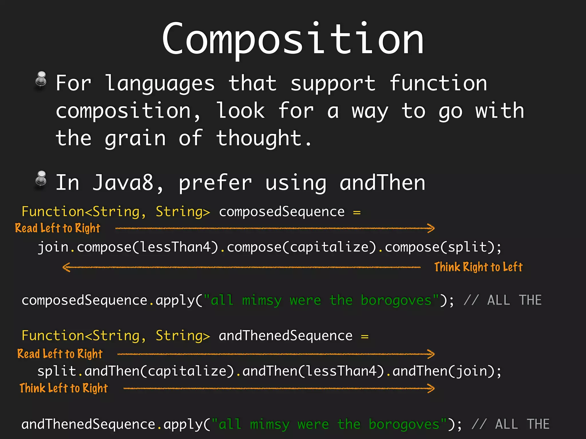 Stream Ops
Mutable Reduction
collect - in which the reduced value is a
mutable result container (like ArrayList)
and elements are incorporated by updating
the state of the result rather than by
replacing the result.
collect using Collectors
toList, toSet etc…
maxBy, minBy, groupingBy, partitioningBy
mapping, reducing etc…
 
